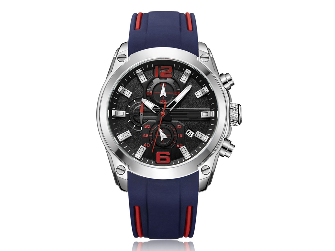 Relógio Analógico Masculino de Quartzo com Pulseira de Silicone Azul Resistente À Água 30m