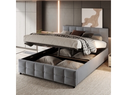 Cama Estofada 180200cm, Estrutura De Ripas, Cama De Solteiro Hidráulica, Tecido De Veludo Holandês, Cinza