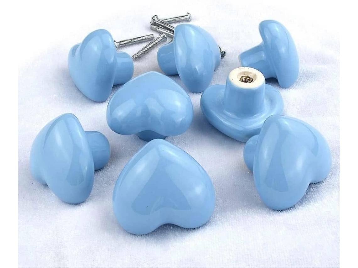 Conjunto de 8 Puxadores Cerâmica para Armários Cozinha Infantis, com Estampa de Coração Azul BRILVIBERA