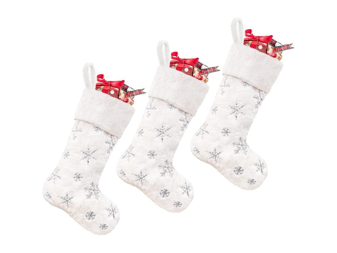 Meias de Natal brancas com lantejoulas prateadas faux fur grande 19 polegadas para família e decoração | S/MARCA