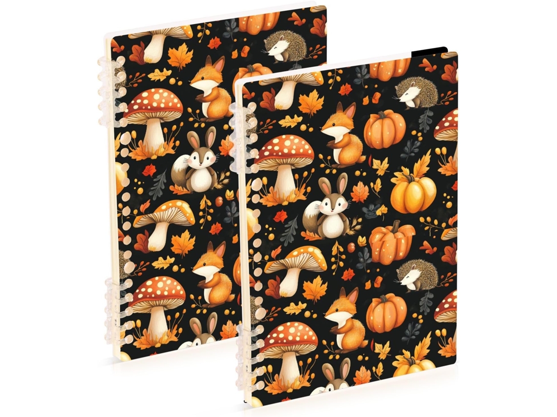 Conjunto De 2 Cadernos Espiral Capa Dura Com Linhas, Estampa Cogumelos Raposa, Tamanho A5, Para