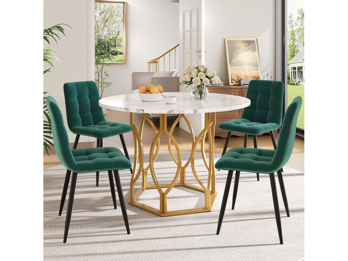 Mesa Redonda 100cm Com 4 Cadeiras Veludo Verde Escuro E Dourado