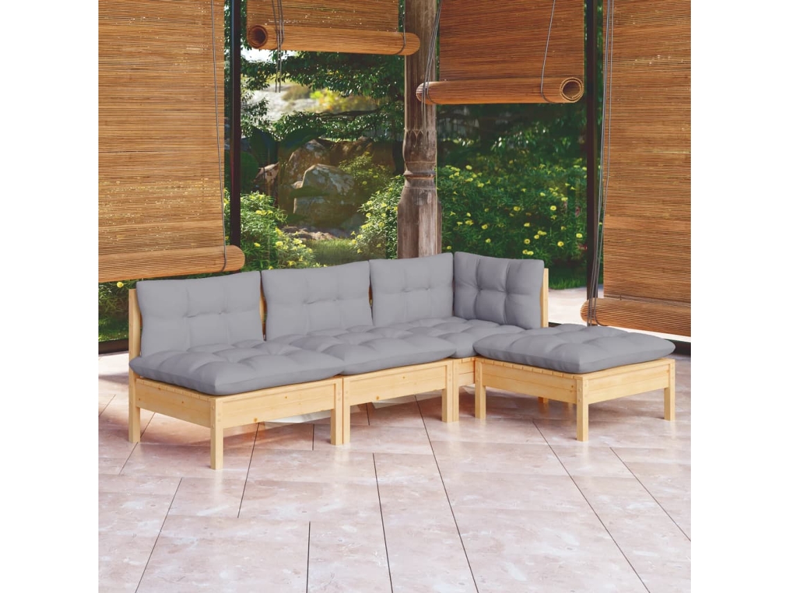 Pcs Conjunto Lounge De Jardim C/ Almofadões Cinza Pinho Dkd Home Decor