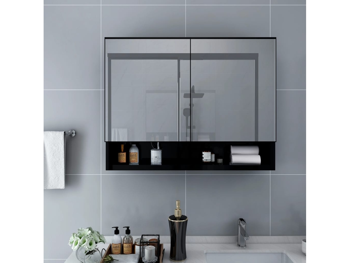 Vidaxl Armário Espelhado Casa De Banho Com Led 80x15x60 Cm Mdf Preto