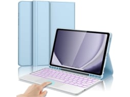 Samsung Tab S7fe De 12,4 Polegadas Capa De Couro Azul Celeste Teclado Retroiluminado Sensível Ao Toque Com Teclas Quadradas Brancas Yunzii