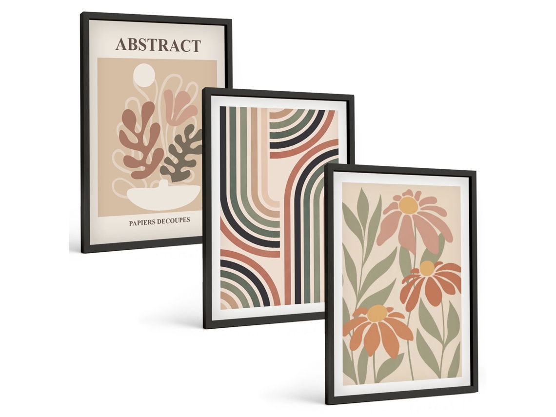 Galeria De Pinturas Murais Plantas Abstratas Em Tons Pastel Moldura Preta Quadros Para O Escritório Espelharte (3 Piezas De 40x60 Cm)