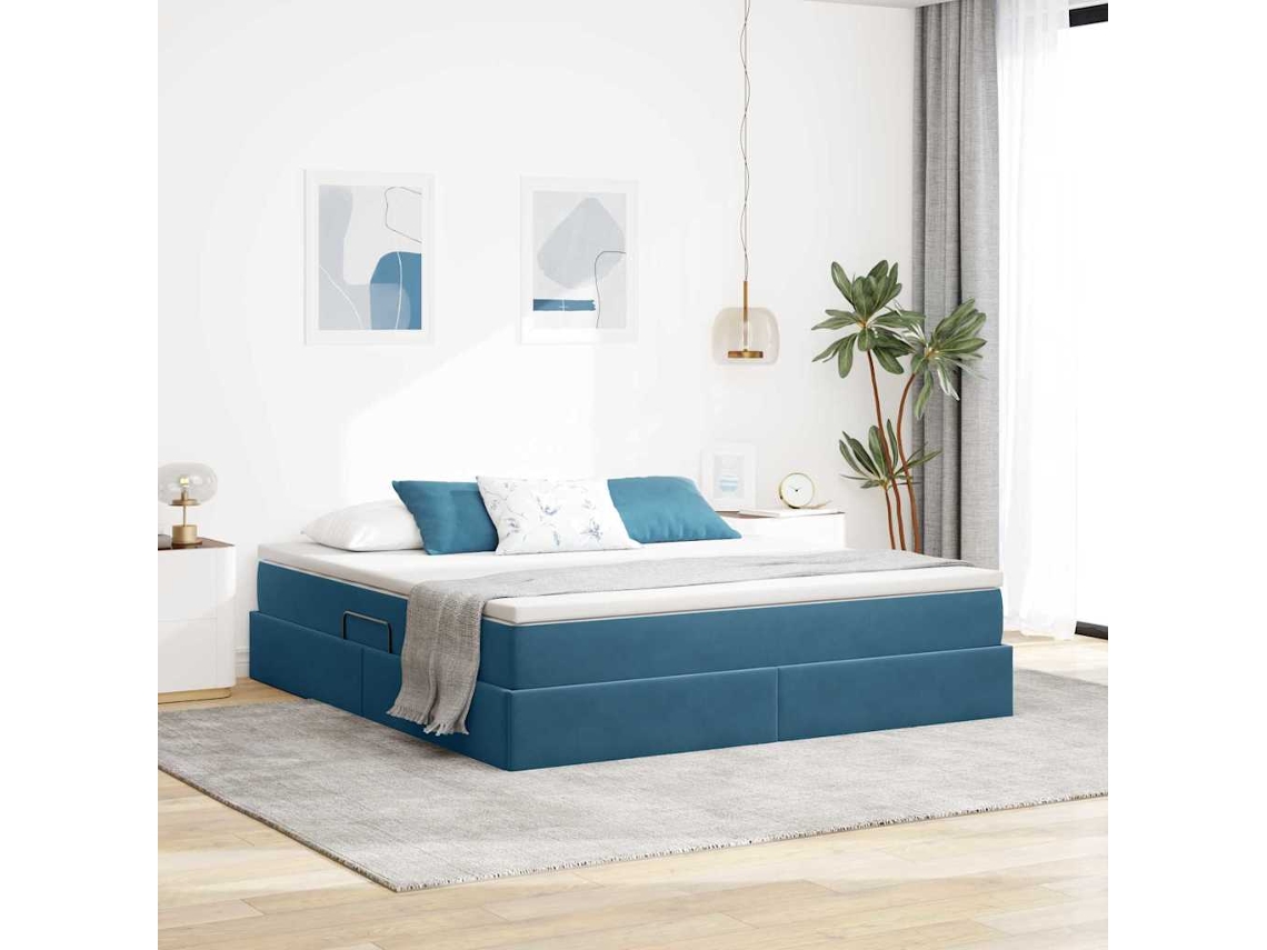 Vidaxl Cama Com Arrumação E Colchão Azul Escuro 180 X 200 Cm Veludo