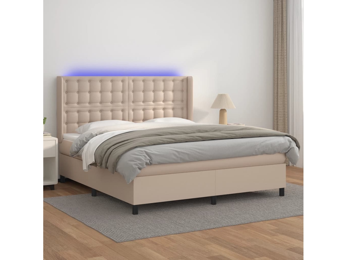SYFAX™ Cama Box Spring C/colchão/led 160x200cm Couro Artif. Cappuccino