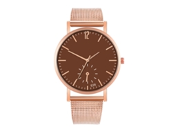 Relógio de quartzo para casal, estilo casual, com pulseira de malha marrom e detalhes em ouro rosa.