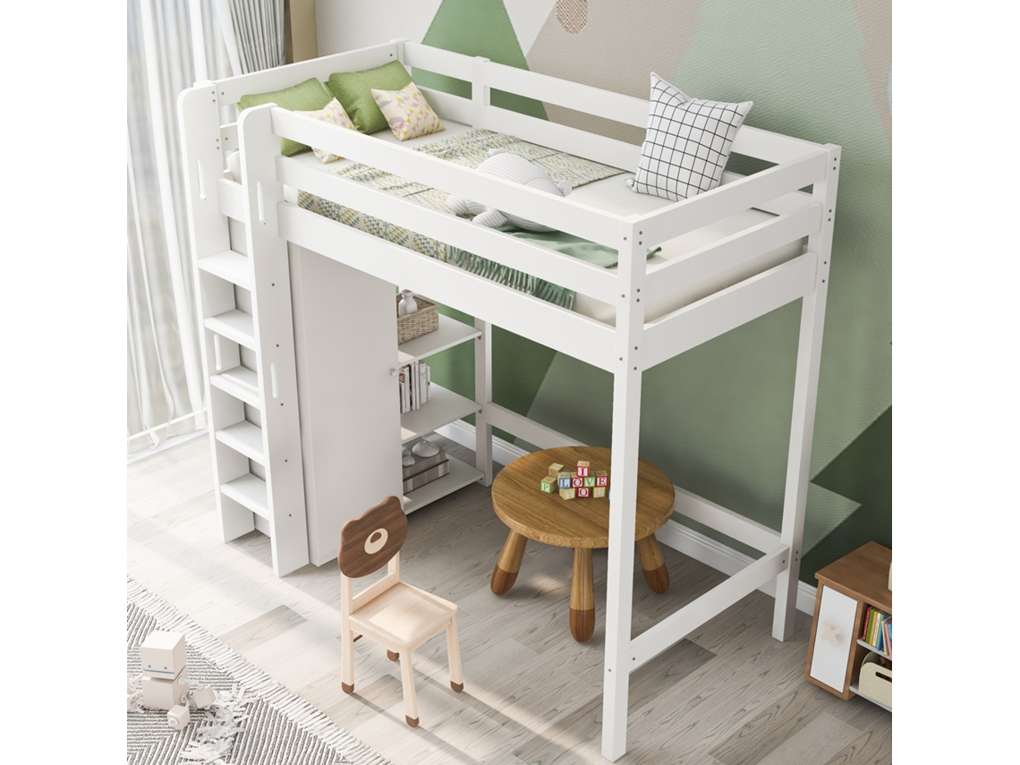 Cama Alta Kinderbett 90x200 Cm Com Armário E 6 Prateleiras Branca