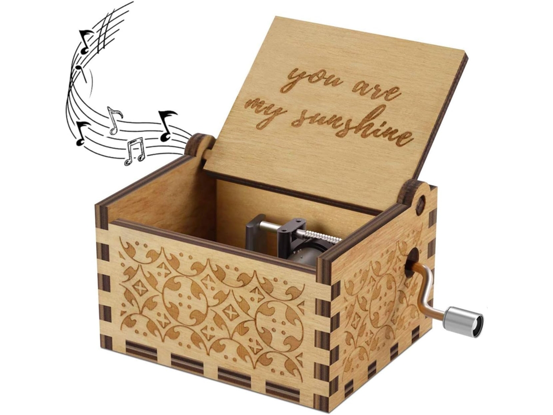 Caixa de Música Madeira com Manivela Melodia "You Are My Sunshine" Gravação a Laser Estilo Vintage Ideal para Presentear AQUAFORGE