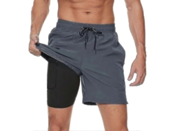 Calções de banho masculinos 2026 com forro de compressão, secagem rápida e bolsos com fecho de correr.