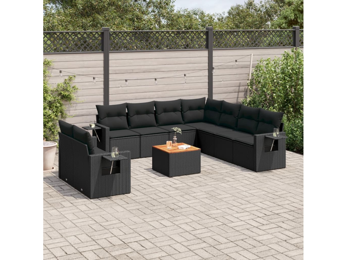 Vidaxl 10 Pcs Conjunto Sofás De Jardim C/ Almofadões Vime Pe Preto