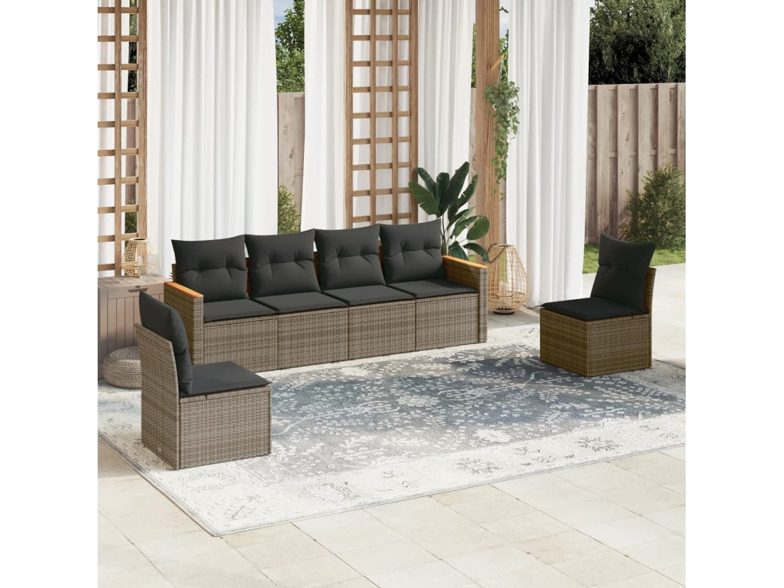 Vidaxl 6 Pcs Conjunto Sofás De Jardim Com Almofadões Vime Cinzento