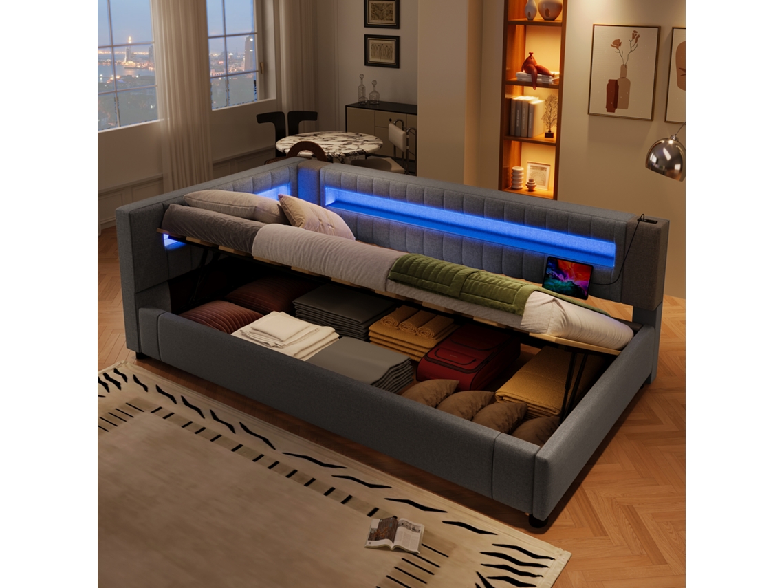 Cama Daybett 90x200cm Led Hidráulica Usb Type-c Linho Cinza