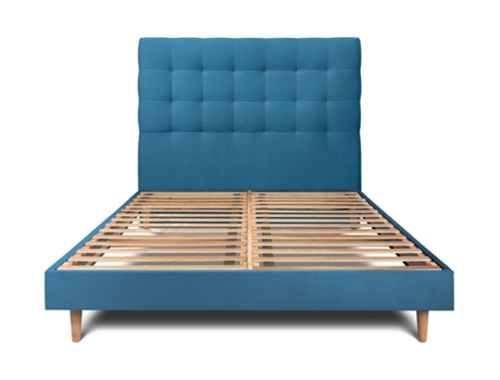 Cama com Cabeceira Estofada SOMMEIL_DE_PLOMB Tecido Veludo Azul (200x200cm)