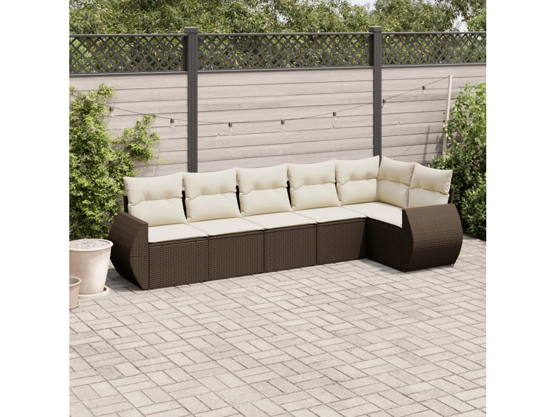 Vidaxl 6 Pcs Conjunto De Sofás Jardim C/ Almofadões Vime Pe Castanho