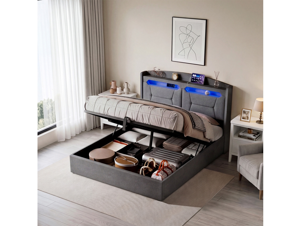 Cama Hidráulica De 140 X 190 Cm, Cabeceira Rebatível, Cama De Casal Com Iluminação Led E Espaço De Arrumação, Em Linho, Cinzenta,simurq