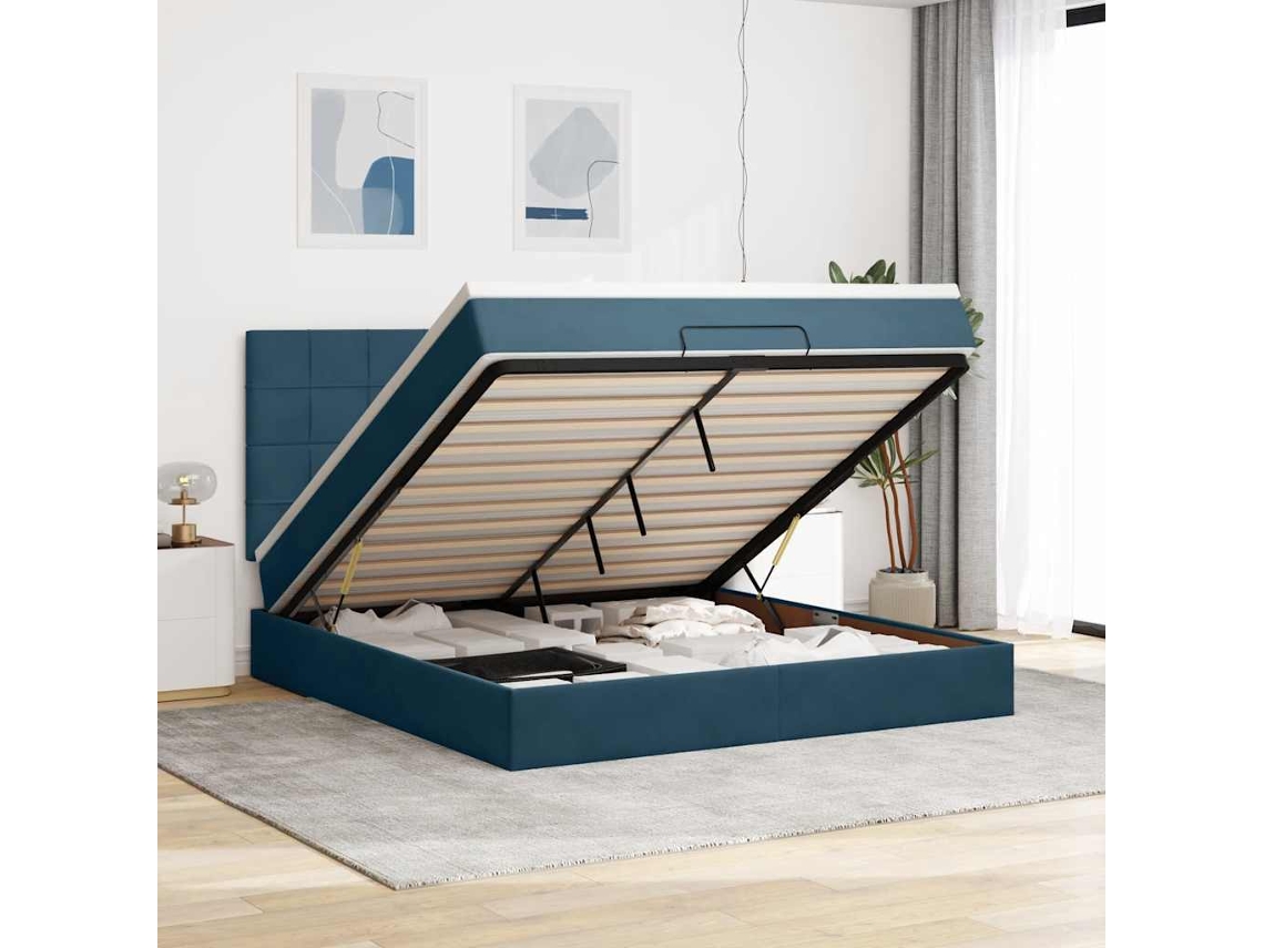Vidaxl Estrutura De Cama Otomana Com Colchão Azul Escuro Veludo