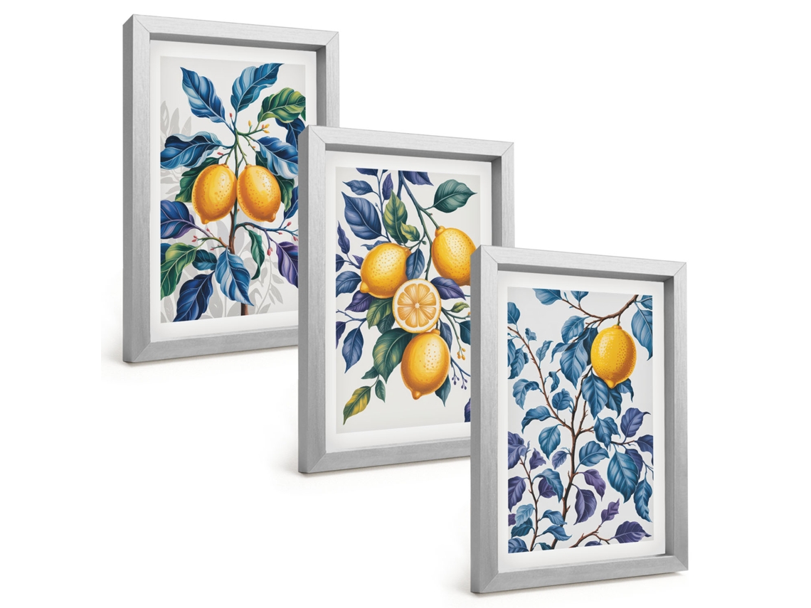 Composição De Quadros Limões, Galhos, Folhas Azuis Espelharte (3 Peças 20x30 Cm)
