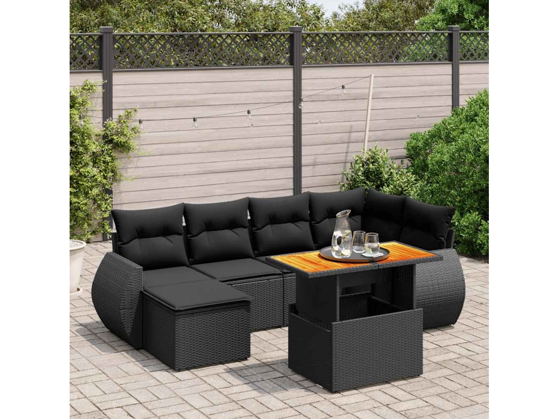 Vidaxl 7 Pcs Conjunto De Sofás P/ Jardim C/ Almofadões Vime Pe Preto