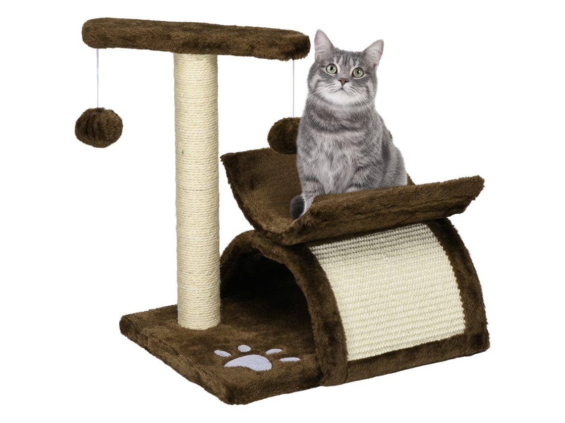 Arranhador Com 2 Bolas Penduradas Em Sisal Natural, Altura 43cm, Ideal Para Afiar Unhas E Entreter O Felino.