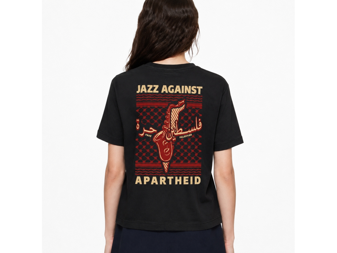 Camiseta Rockinstone Jazz Against Apartheid Preta The Jazz Estate - Estilo de Designer Exclusivo