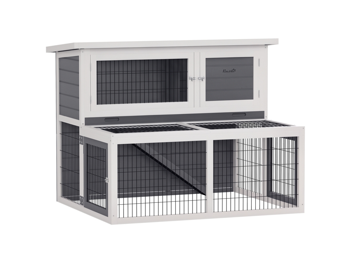 Hasenstall 2 Ebenen Mit Klappbar Dach Kaninchenstall Aus Vollholz Winterfest Doppelstockhaus 122x95x93,5 Cm Cinza