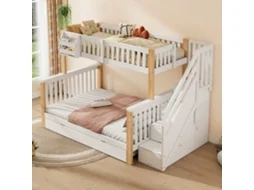 Cama Beliche Infantil Multifuncional Com Cesto, Gaveta, Escada E Armário, Sem Colchão, Branco E Natural Liptaptyn