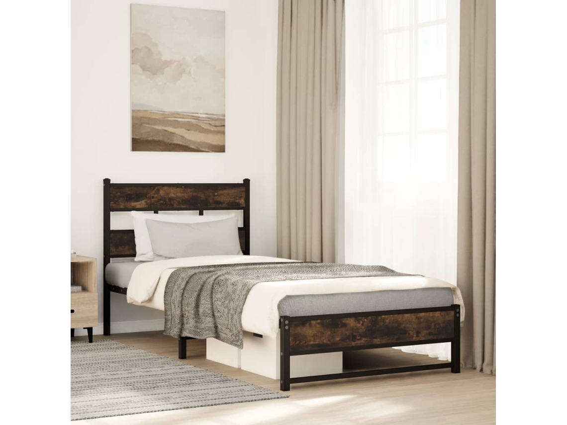 Vidaxl Estrutura de Cama Sem Colchão 90x200 Cm Metal Carvalho Fumado