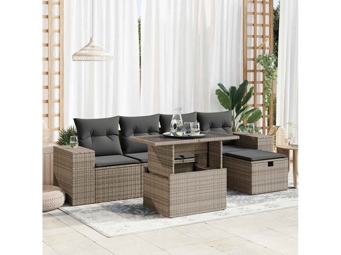 Vidaxl 6 Pcs Conjunto Sofás De Jardim Com Almofadões Vime Cinzento