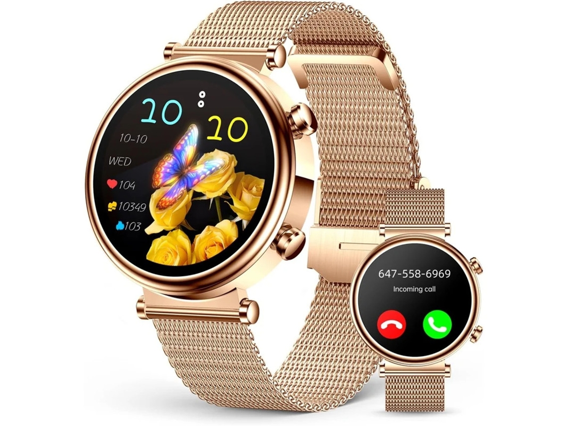 Relógio inteligente feminino Bestvite com tela AMOLED de 1,27 polegadas, rastreador de atividades físicas, monitor de frequência cardíaca e sono, à prova d'água.
