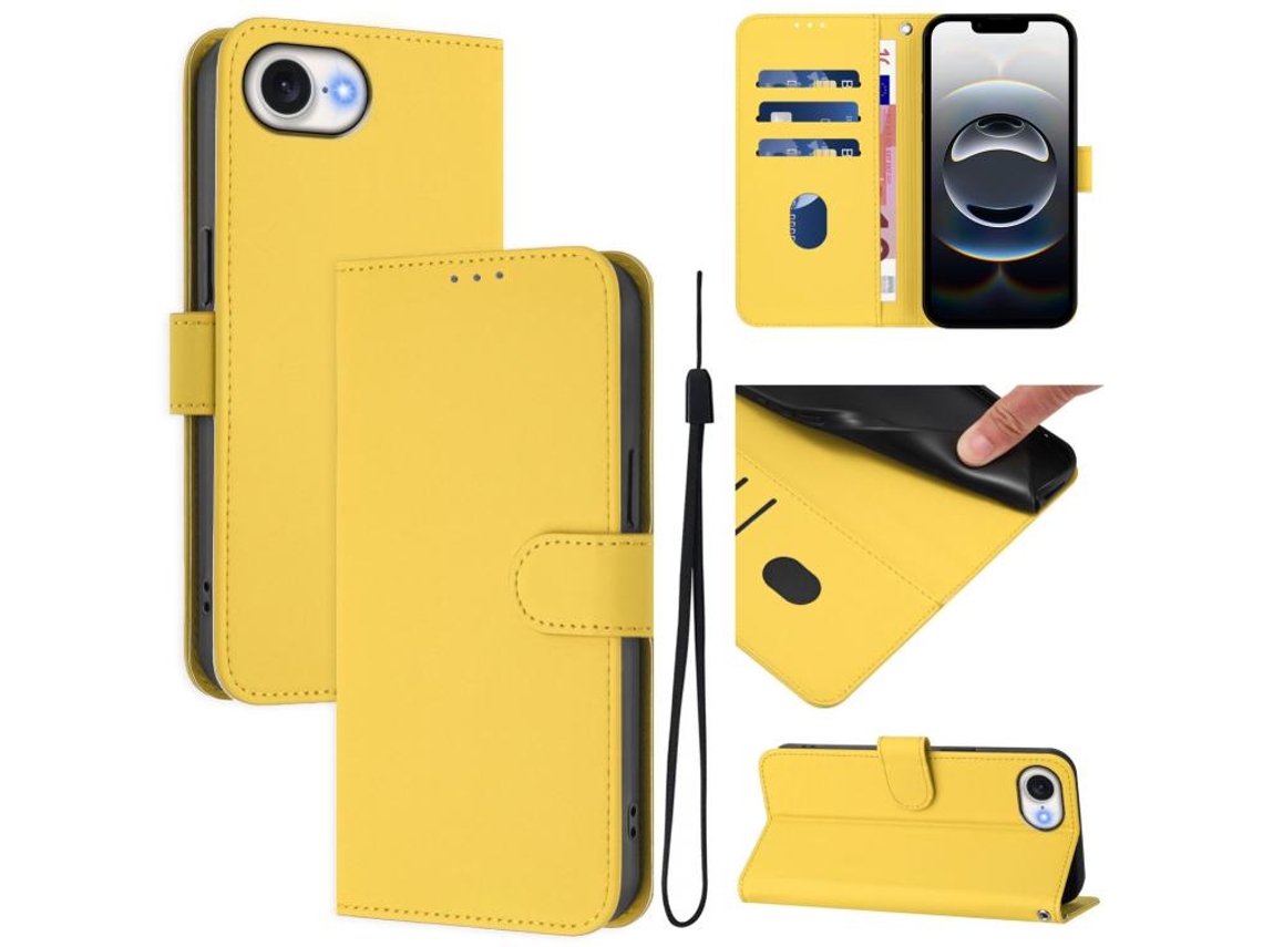 Capa De Couro Sintético Para Iphone 16e - Toque Suave - Cor Sólida - Com Cordão