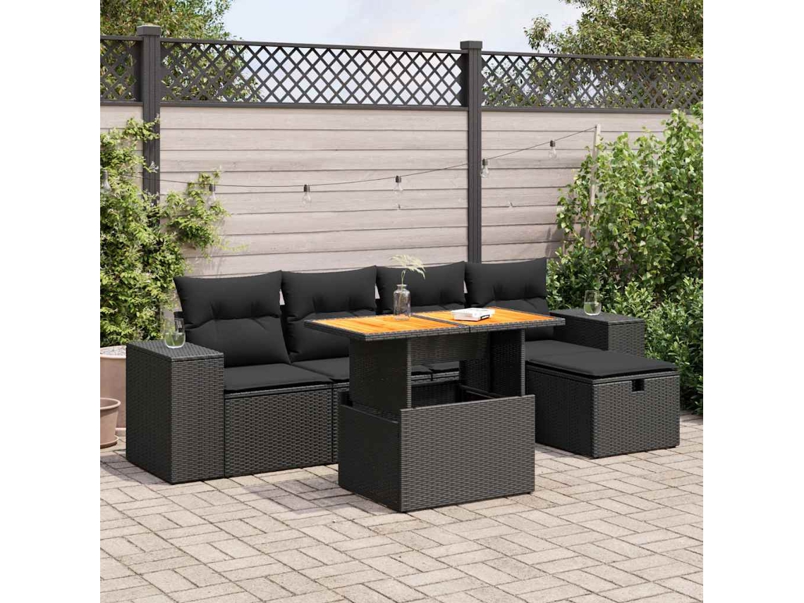 Vidaxl 6 Pcs Conjunto Sofás Jardim C/ Almofadões Vime Pe/acácia Preto