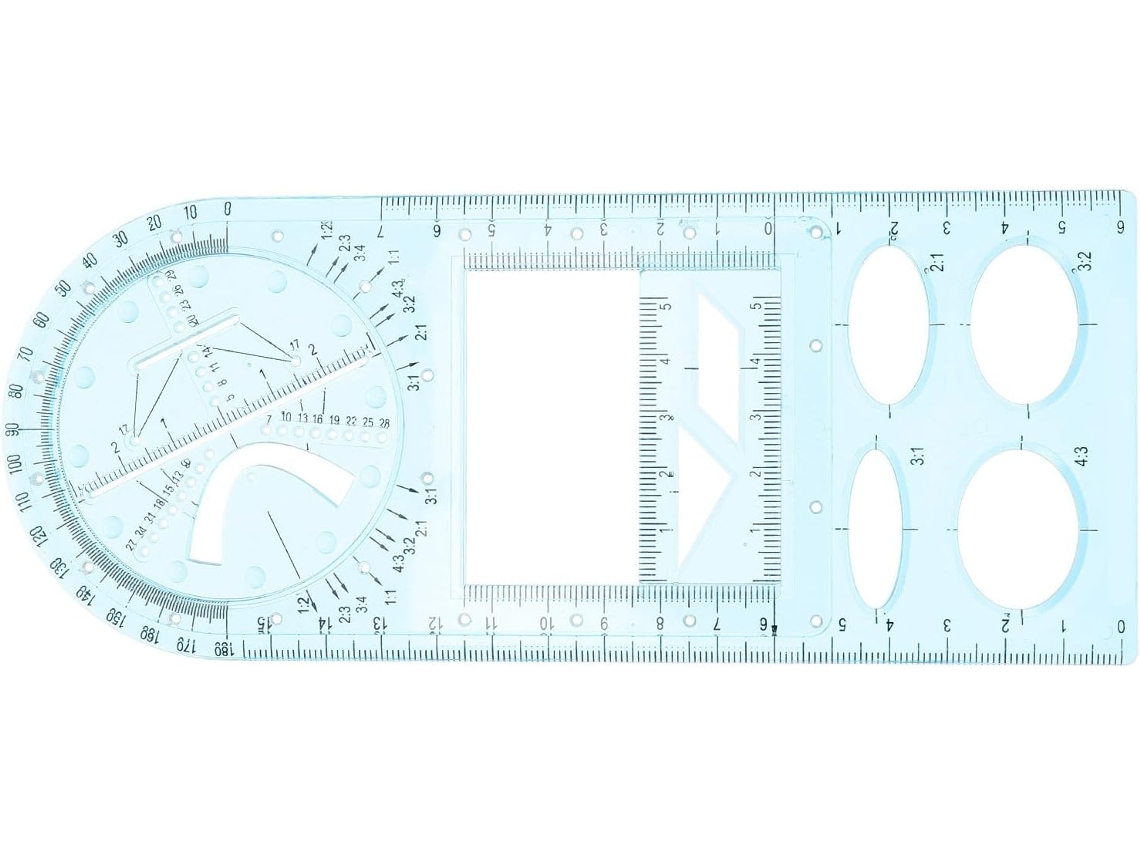 Régua multifuncional de plástico azul para design arquitetônico e artístico, fácil de transportar.