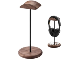 Support De Casque Élégant En Noyer Et Aluminium Avec Design Incurvé, Support Robuste En Bois Et