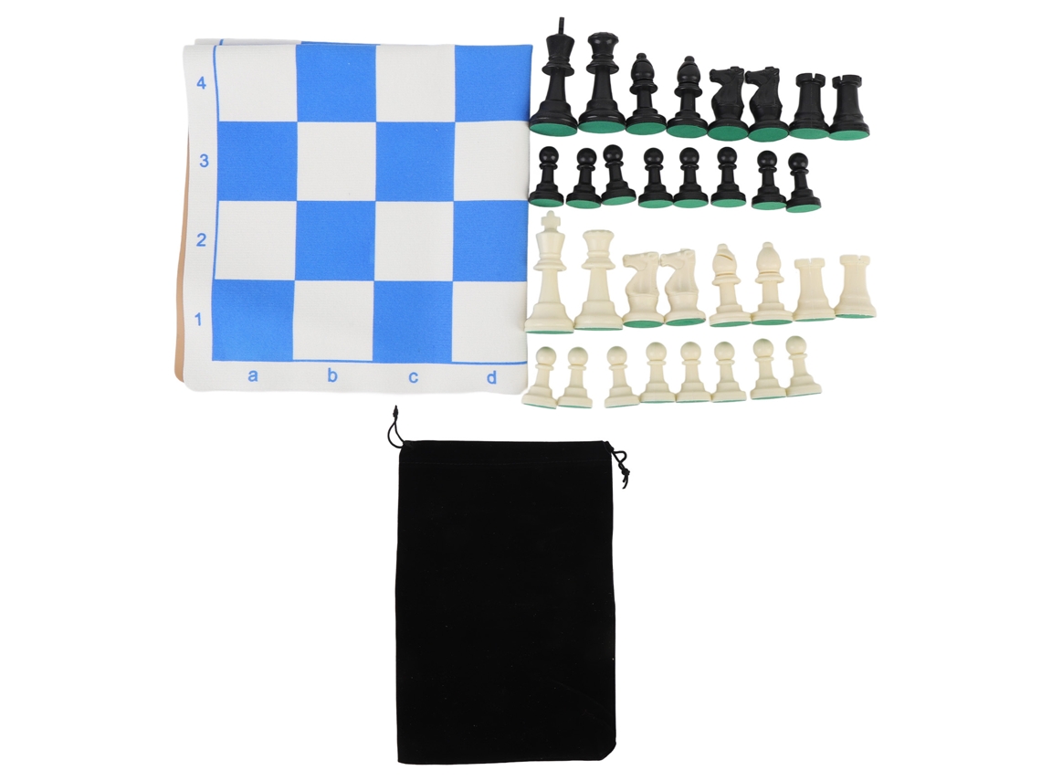 Conjunto de xadrez com tabuleiro de PU azul e branco, 32 peças de plástico e bolsa para festas | S/MARCA