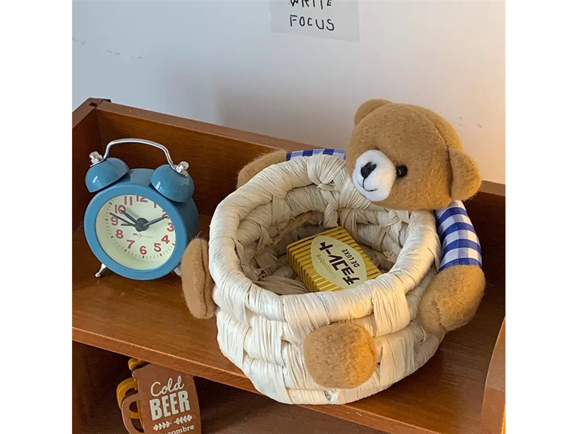Cesto de armazenamento urso cartoon fofo em palha para mesa escritório quarto S/MARCA