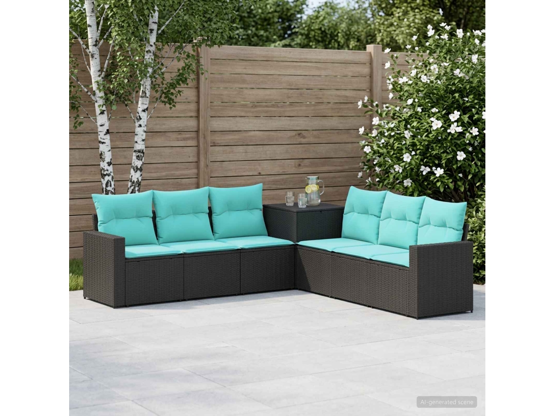 Vidaxl Conjunto De Sofás 7 Unid. Preto E Azul Rattan Poliéster E Aço