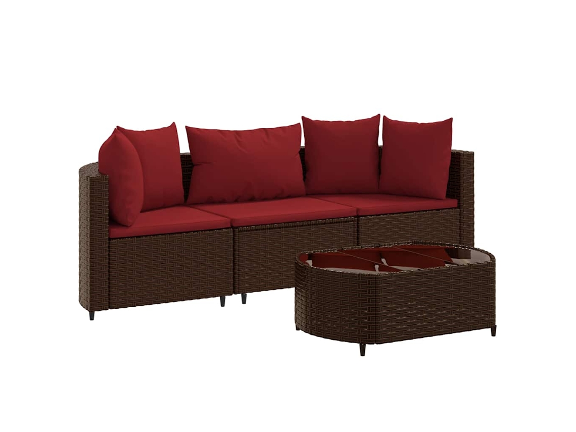 Conjunto 4 sofás de jardim c/ almofadões VIDAXL vime PE castanho