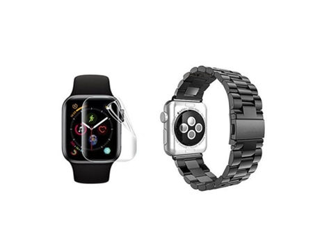 Kit Pulseira Bracelete Aço Stainless Lux Ferramenta Película de Gel Full Cover Apple Watch Series 3 38Mm ATYULNM Preto