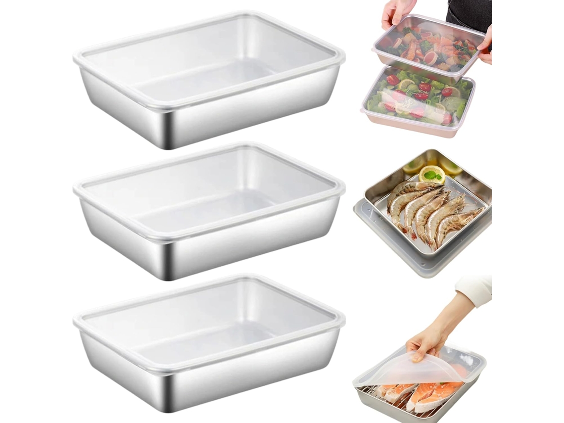 Conjunto De 3 Recipientes Para Armazenamento, Em Aço Inoxidável, Com Tampa, Para Frutas, Queijo, Adequado A Geladeira
