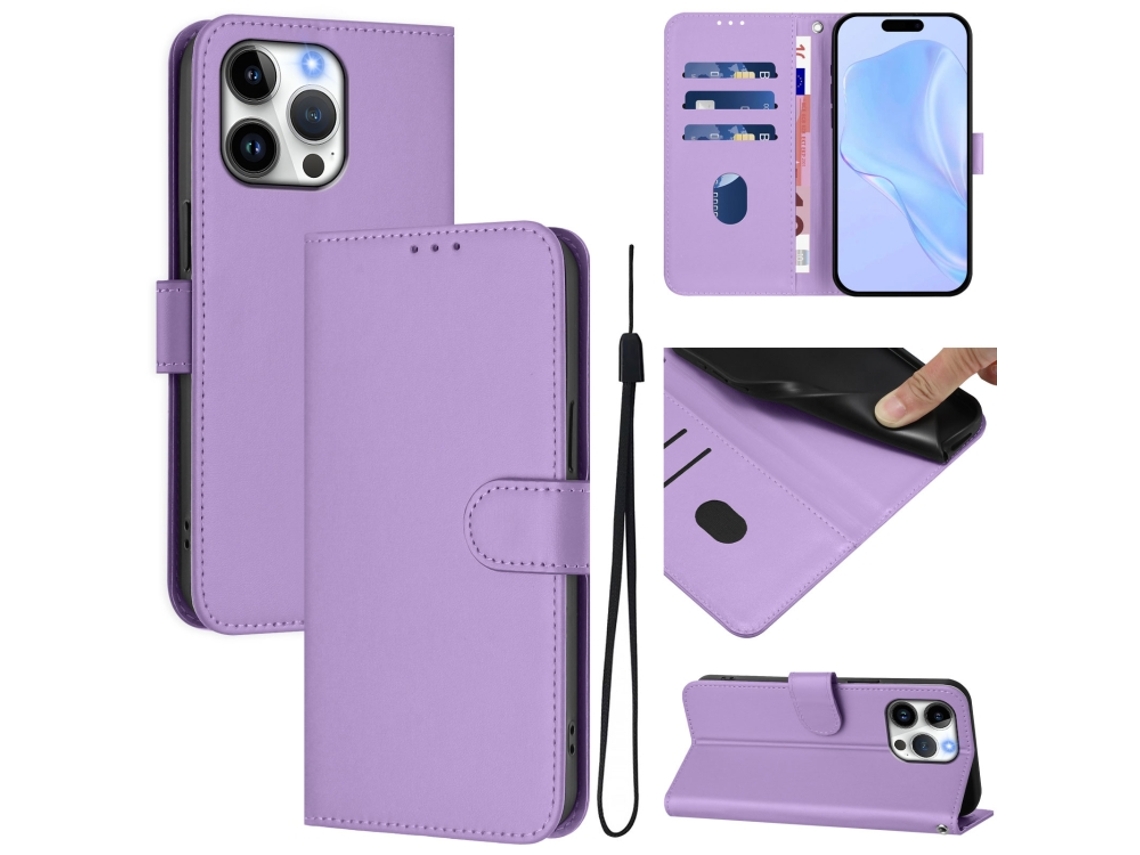 Capa De Couro Sintético Para Iphone 16 Pro Max - Toque Suave - Cor Sólida - Com Cordão
