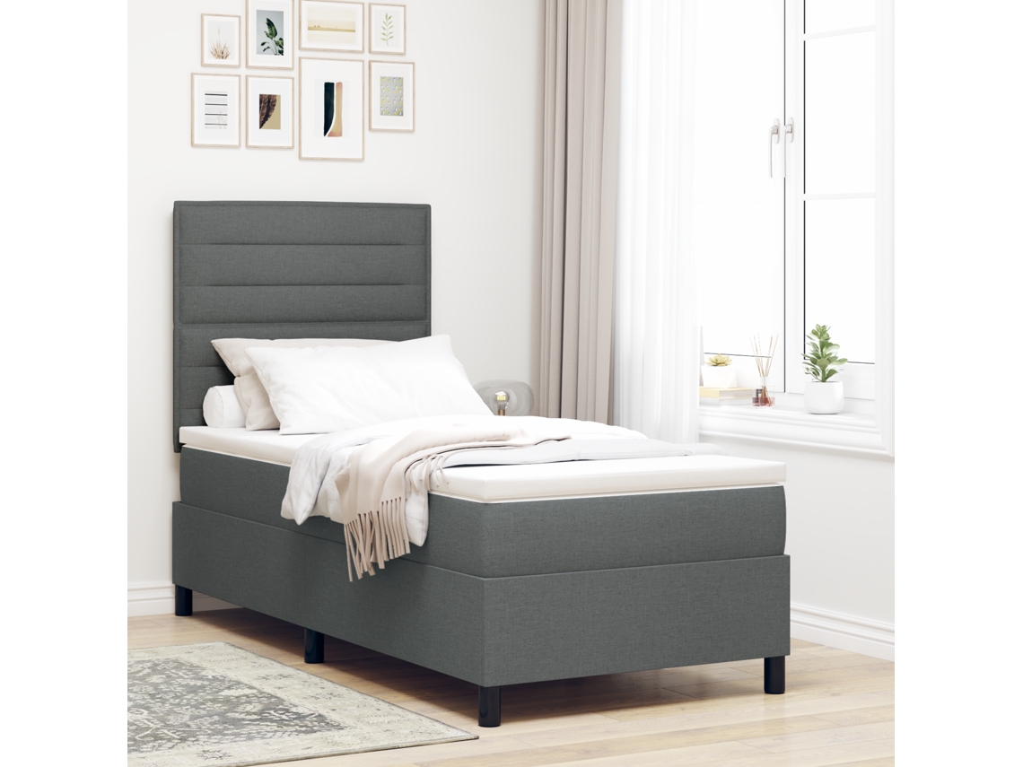 Cama Box Spring Com Colchão Cinza Escuro De Tecido