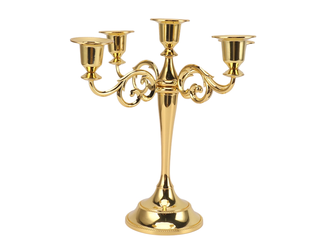 Suporte de vela de ferro Baok-5 com 5 braços, decorativo, estilo retrô, para casa, igreja ou como peça central, dourado.