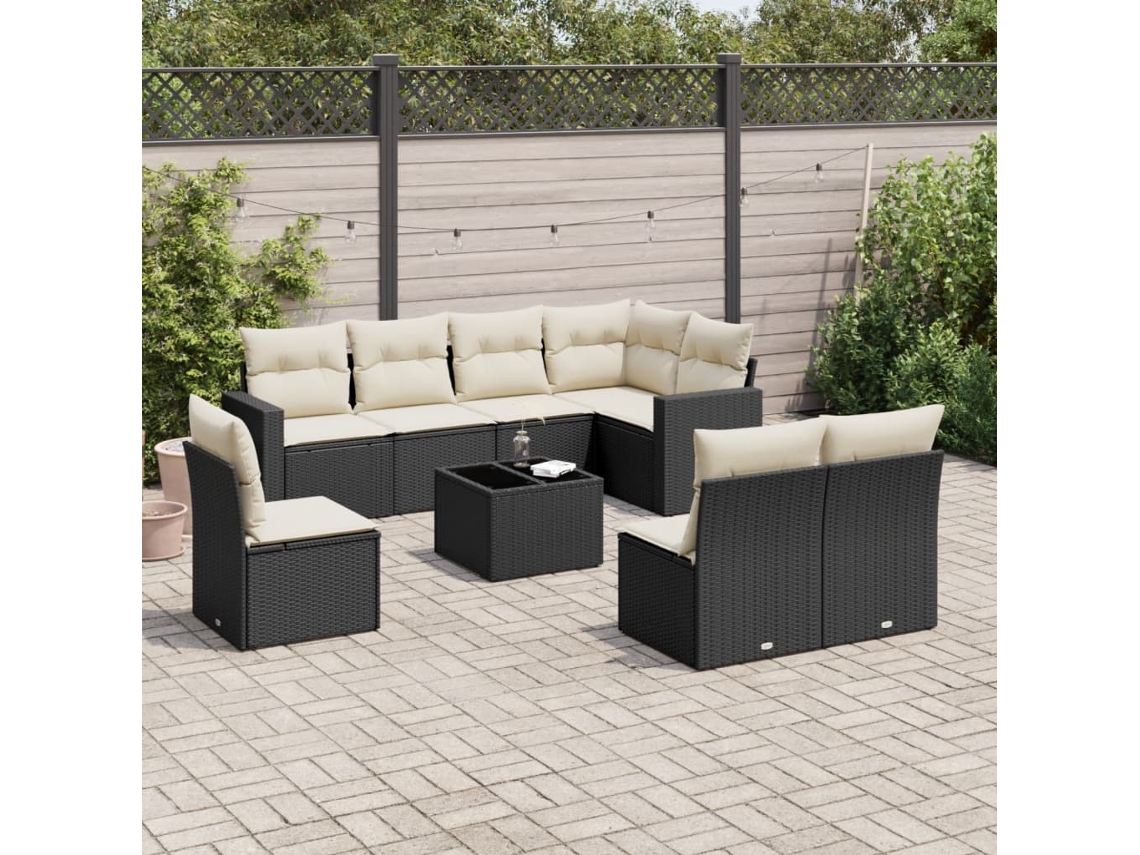 Vidaxl 9 Pcs Conjunto De Sofás P/ Jardim C/ Almofadões Vime Pe Preto