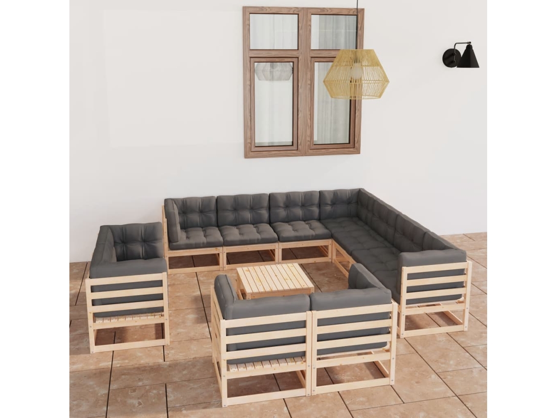 Vidaxl 12 Pcs Conjunto Lounge De Jardim Com Almofadões Pinho Maciço
