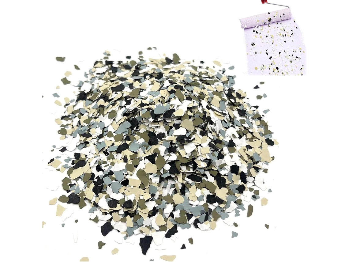 Flocos decorativos para resina epóxi, concreto e pintura de pisos, 500g, multicoloridos, granulometria de 1 a 3mm, para uso em paredes e pisos.