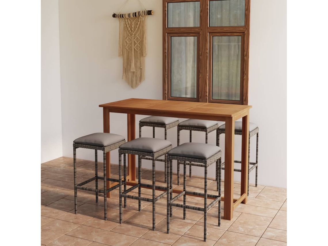 Vidaxl 7 Pcs Conjunto De Bar P/ Jardim Com Almofadões Cinzento