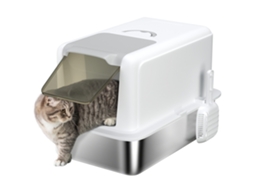 Caixa de Areia para Gatos, Bandeja em Aço Inoxidável, Filtro, Pá, para Gatos de Até 6 Kg, 40,5 X 60,5 X 41,5 Cm, Branca/prateada ESSÊNCIACASA